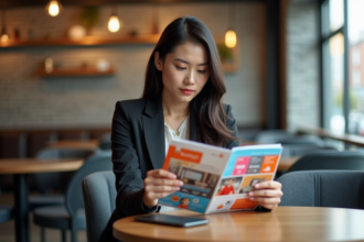 Jeune femme professionnelle examine des brochures dans un café lumineux