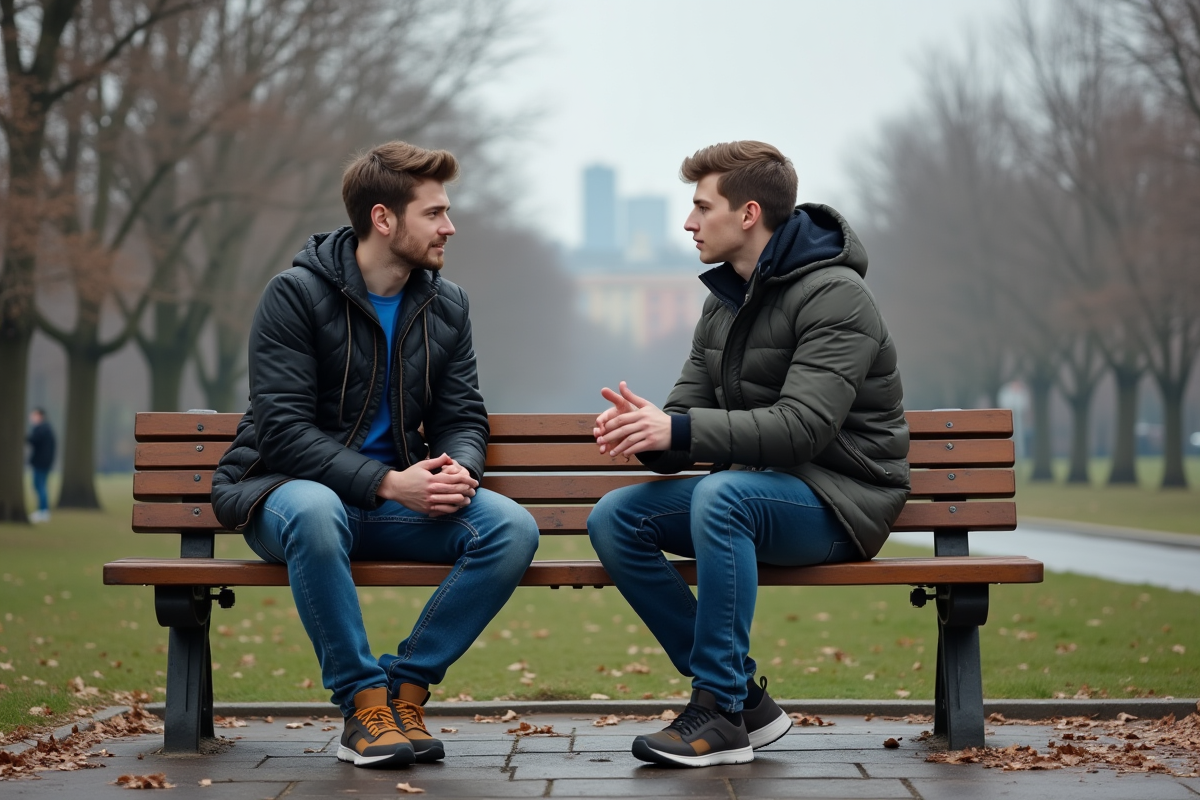 Deux jeunes hommes discutant sur un banc au parc en début de printemps