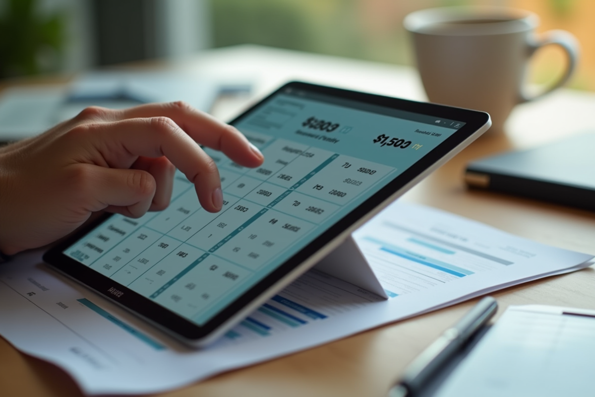 Mains ajustant un tableau de salaire sur une tablette numérique