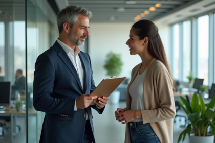 Manager en business casual discute avec une jeune employée dans un bureau moderne
