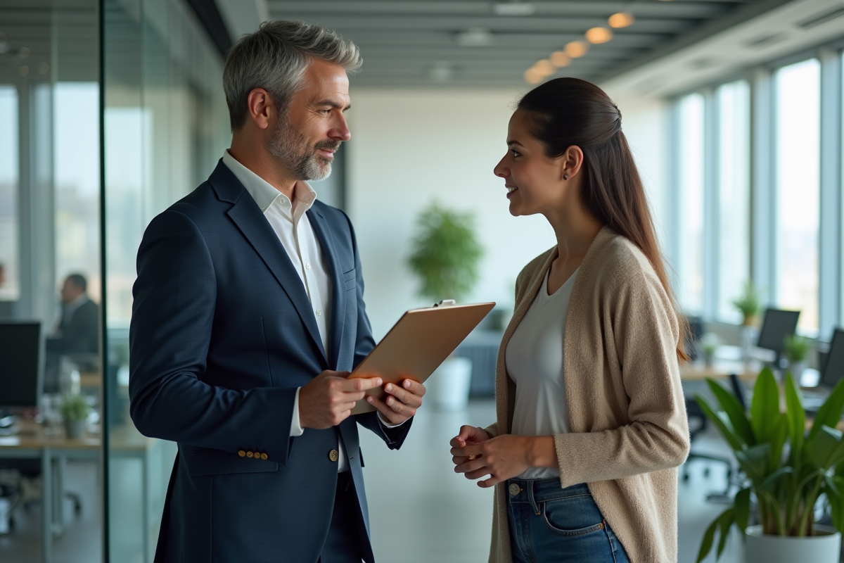 Manager en business casual discute avec une jeune employée dans un bureau moderne