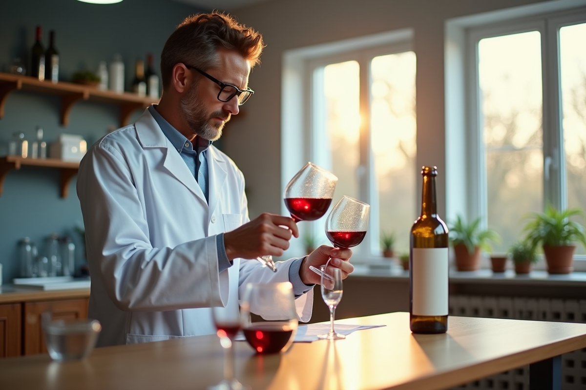 Œnologue analysant la couleur du vin dans un laboratoire lumineux