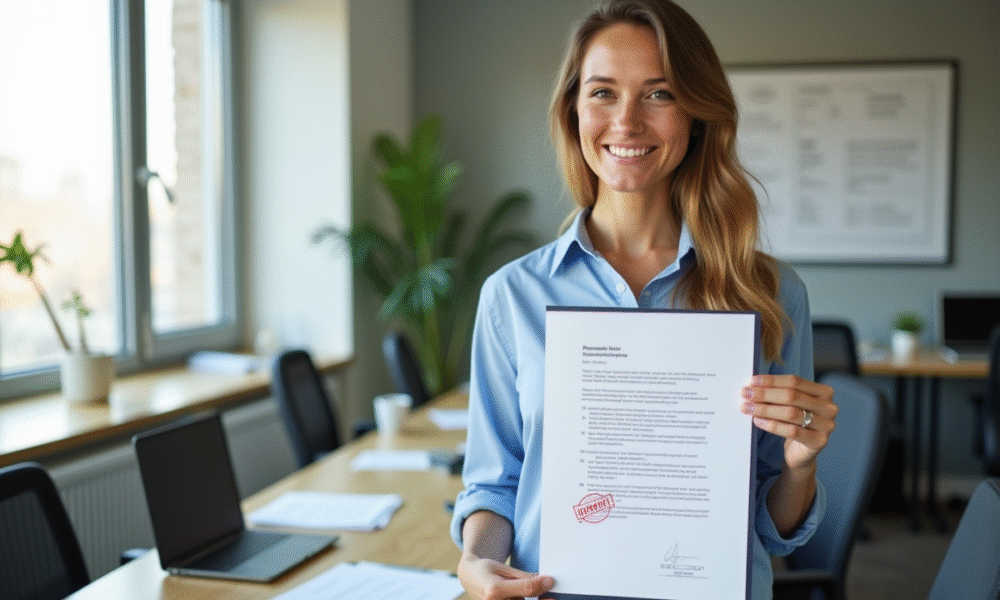 Personne souriante tenant un document avec tampon approuve