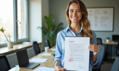Personne souriante tenant un document avec tampon approuve