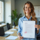 Personne souriante tenant un document avec tampon approuve