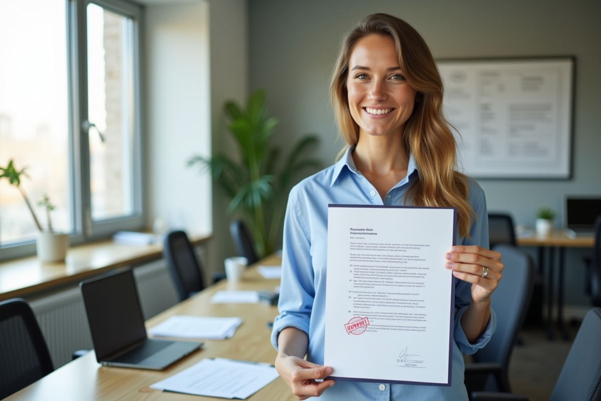 Personne souriante tenant un document avec tampon approuve