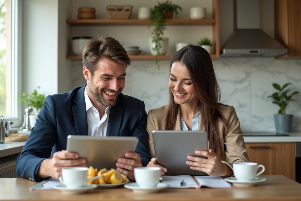 Couple au petit déjeuner avec table et tablettes numériques