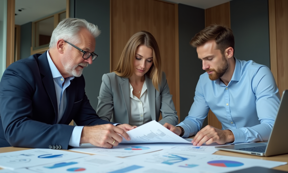 Trois professionnels en réunion autour d'un tableau moderne