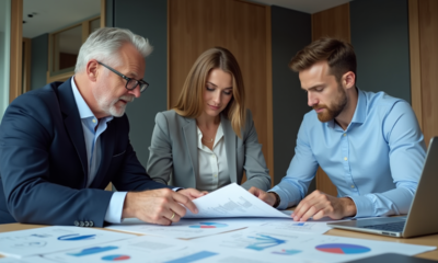 Trois professionnels en réunion autour d'un tableau moderne