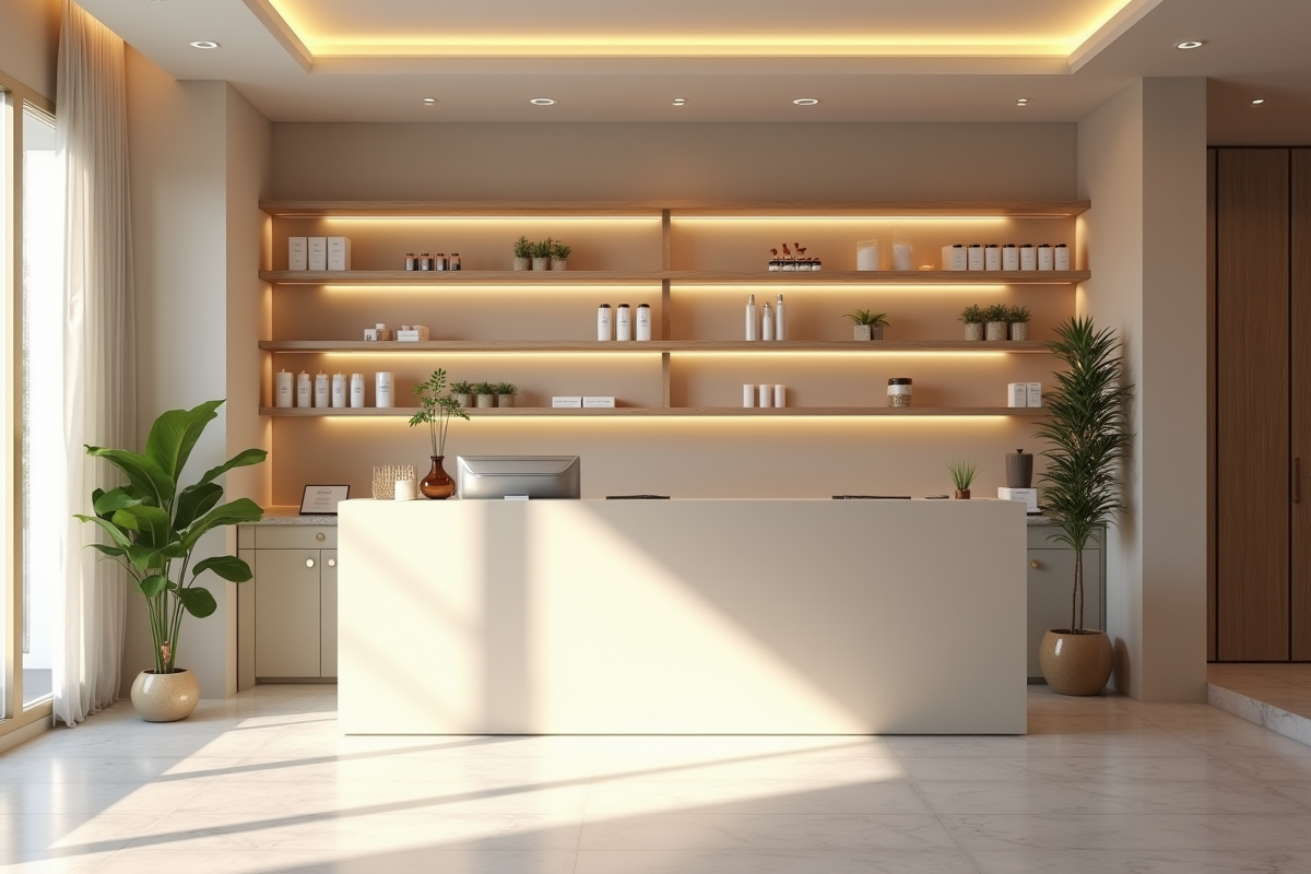 Espace d accueil serein dans un spa de luxe lumineux