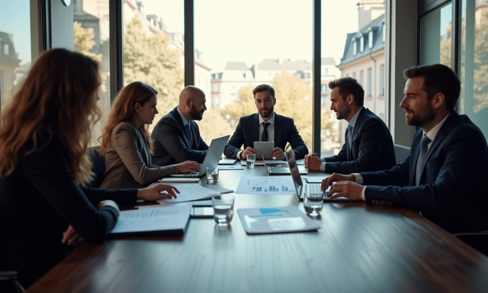 Groupe de professionnels en réunion dans un bureau moderne