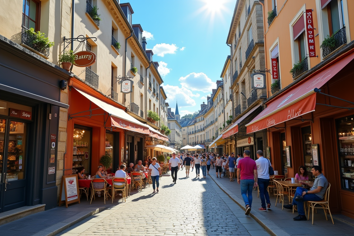 Rue animée avec boutiques et passants ensoleillés en France