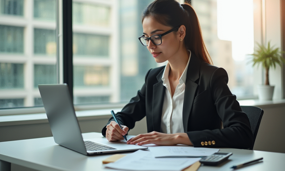 Femme sophrologue au bureau organisé et lumineux