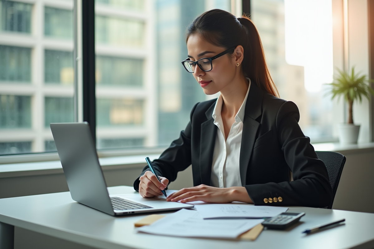 Femme sophrologue au bureau organisé et lumineux