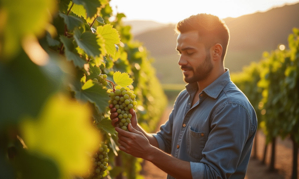 Vignoble ensoleille avec un œnologue inspectant des raisins mûrs