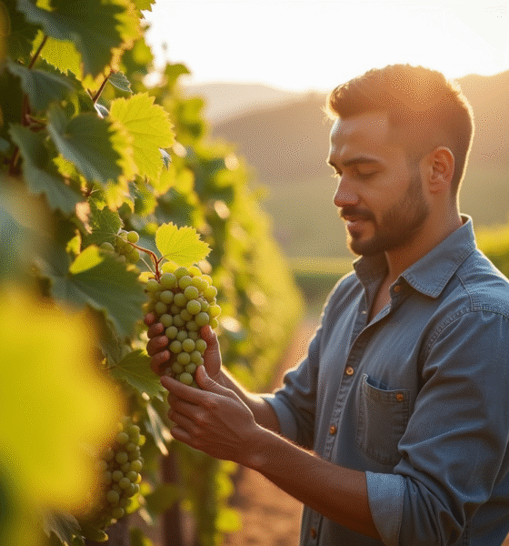 Vignoble ensoleille avec un œnologue inspectant des raisins mûrs