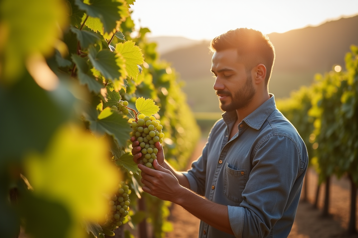 Vignoble ensoleille avec un œnologue inspectant des raisins mûrs